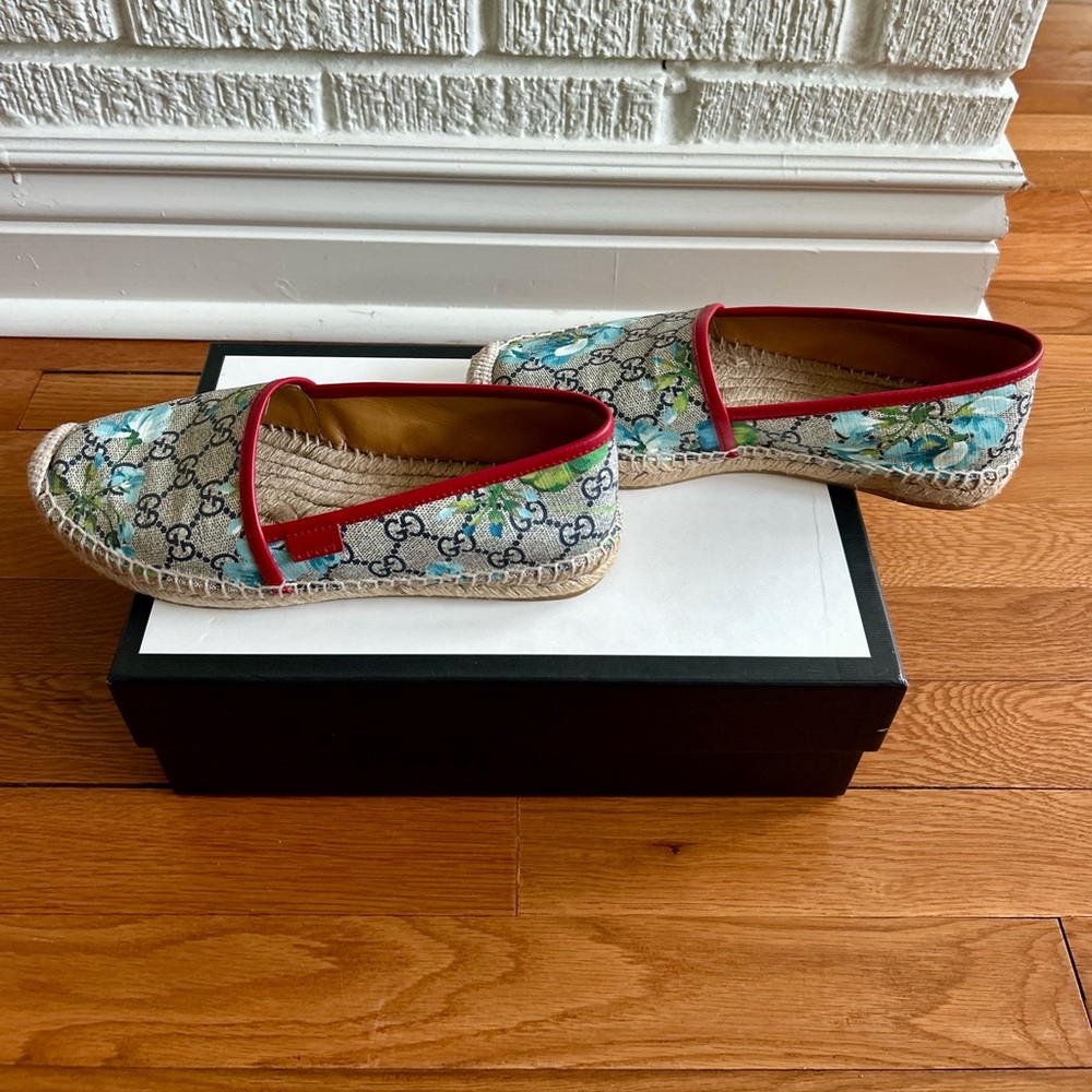 Gucci Blooms Supreme blue floral  Espadrilles red leather trim - Picture 4 of 12
